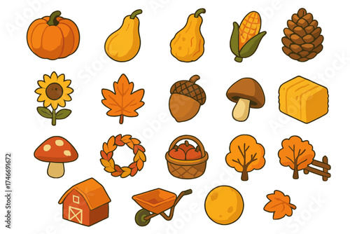 Autumn Harvest Icons. Autumn accents isometric set. pumpkin, squash, gourd, corn, sunflower, leaf, acorn, pinecone, mushroom, wreath, basket of apples, hay bale, barn, wheelbarrow