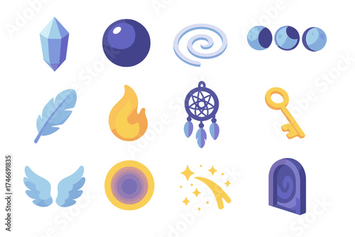 Mystic Icon Set. Mystic top isometric set. crystal, orb, spiral path, moon phases, feather, flame, dreamcatcher, key, wings, aura circle, star trail, portal.