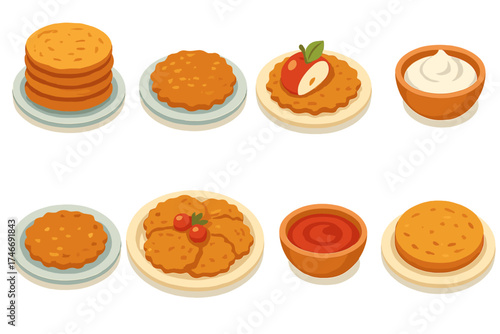 Festive Latke Icons. Festive plate isometric set. stacked potato cakes, plate with apple garnish, sour cream dish, crispy fried latke, latke pile on plate, holiday platter, dipping
