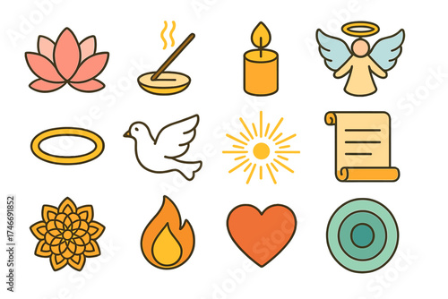 Sacred Dance Icons. Sacred dance isometric set. lotus, incense, candle flame, angel, halo, dove, rays of light, scroll, mandala, flame, heart, aura circle.