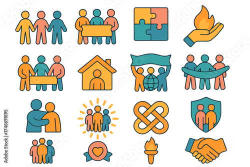 Isometric Community Icons. Community set isometric set. people holding hands, teamwork banner, puzzle pieces, shared flame, banner of hope, globe with people, community house