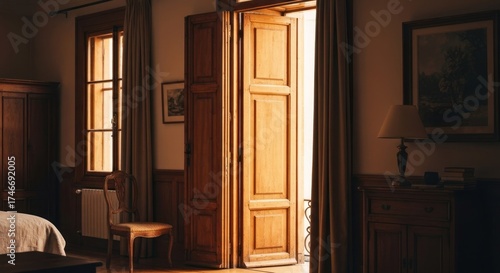 Sunny room with opened wooden doors, window, furniture, neutral palette