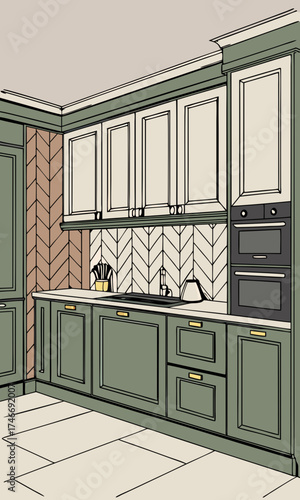 Kitchen design green cabinets herringbone tile backsplash modern kitchen illustration home interior design kitchen sketch architectural drawing cabinetry design kitchen renovation home i.