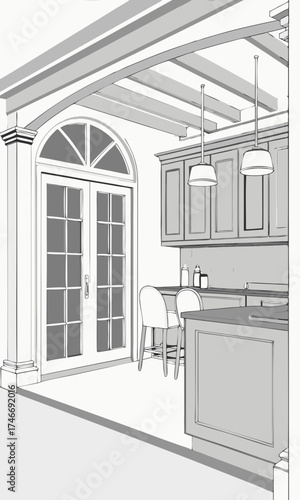 Kitchen design sketch interior architecture home renovation French doors arched window kitchen island wooden beams gray cabinets pendant lights bar stools architectural drawing home de.