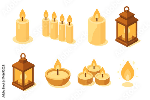 Modern Candle Icons. Classic vigils isometric set. single candle, row of candles, group of candles, tall pillar candle, lantern candle, floating candle, tea light cluster, glowing
