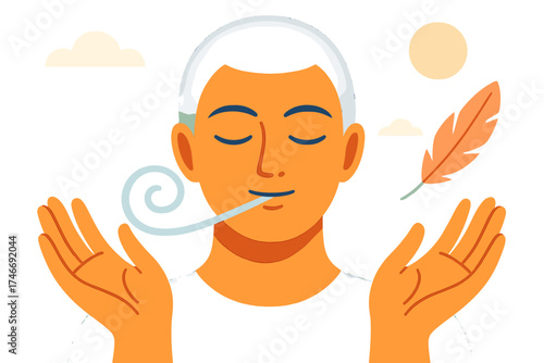 Serene Mindscape. Tranquil mind flat icon set. serene face, breath swirl, floating feather, open hands, clear sky, gentle light