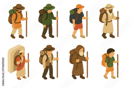 Cultural Pilgrim Icons. Cultural pilgrims isometric set. desert pilgrim, forest pilgrim, coastal pilgrim, nomadic pilgrim, sacred site pilgrim, village pilgrim, elder pilgrim