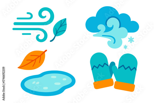 Chilly Winter Breeze. Chilly breeze flat icon set. curved wind, blowing leaf, icy breath, frozen puddle, mitten pair, winter cloud