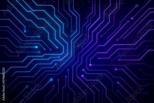 Abstract digital circuit board with glowing blue and purple lines on dark background technology network
