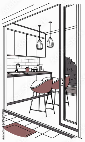 Kitchen interior design sketch modern kitchen illustration home decor drawing kitchen with sliding door breakfast bar stools simple kitchen plan minimalist kitchen design architectural ske.