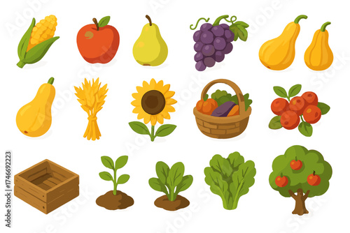 Isometric Harvest Icons. Harvest symbols isometric set. corn, apple, pear, grapes, pumpkin, gourd, squash, wheat sheaf, sunflower, basket of produce, cranberries, hay bale, rustic