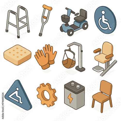 Mobility Aid Icons. Mobility support isometric set. walker, crutch, scooter, wheelchair symbol, cushion, gloves, lift, stair lift, ramp sign, gear, battery, chair.