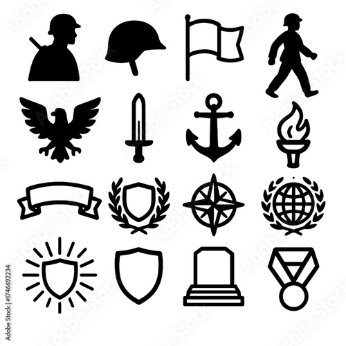 Military Silhouette Icons. Military visuals outline set. soldier silhouette, helmet, flag, marching figure, eagle, sword, anchor, torch flame, banner, crest, compass, globe emblem