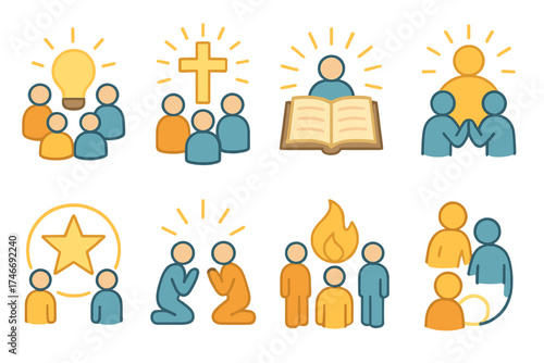Sacred Symbols Collection. Sacred community isometric set. people around light, shining cross, open book, radiant aura, star in circle, worshippers praying, guiding flame