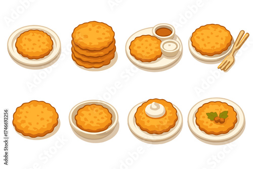 Latke Icon Set. Crispy latkes isometric set. round latke on plate, golden stack, dish with dipping bowls, plate with fork, fried pancake, small serving dish, plated latke, festive