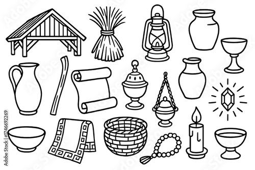 Altar with Sacred Items. Scene details outline set. barn roof, hay bundle, lantern, clay jar, water jug, wooden staff, scroll, incense burner, chalice, offering bowl, patterned