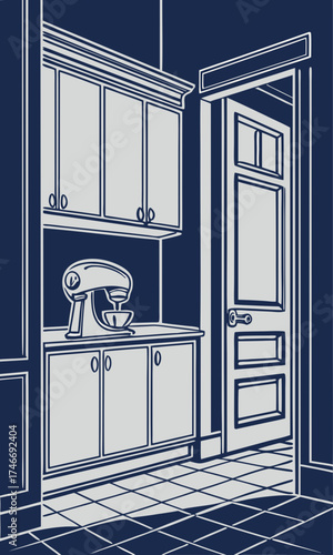 Kitchen interior cabinets stand mixer doorway home design illustration graphic vector blueprint plan tile floor cooking appliance kitchenware domestic home house room apartment.
