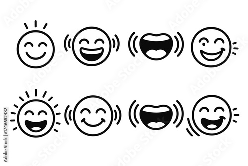 Playful Laughter Icons. Laughter echo outline set. smiling face, laughing face, sound waves, open mouth, echo lines, playful eyes, cheerful burst, giggle motion.