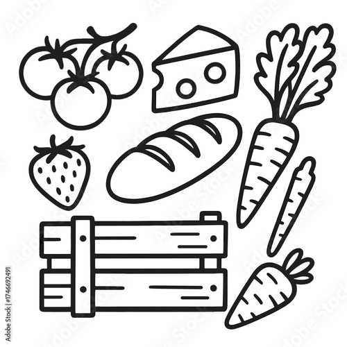 Farm Fresh Essentials. Farm fresh outline set. wooden crate, tomato bunch, cheese wedge, bread loaf, carrot bunch, strawberry