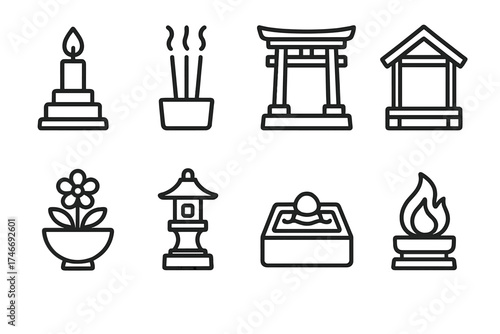 Sacred Shrine Icons. Sacred shrines outline set. candle shrine, incense shrine, stone shrine, wooden shrine, flower shrine, lantern shrine, water shrine, fire shrine.