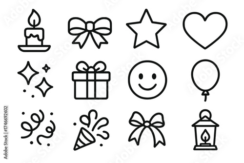Candlelight Celebration Icons. Candlelight joy outline set. candle, flame, ribbon, star, heart, sparkles, gift box, bow, smiling face, balloon, confetti, lantern.