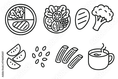 Balanced Meal Icons. Clean plate outline set. portioned meal, colorful salad, grilled chicken, steamed broccoli, whole wheat pasta, fruit slices, seed topping, herbal tea.