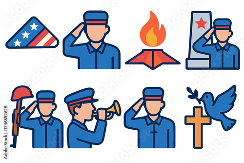 Commemorative Salute Icons. Commemorative icons flat icon set. folded flag salute, remembrance salute, eternal flame salute, monument salute, rifle salute, trumpet salute, cross