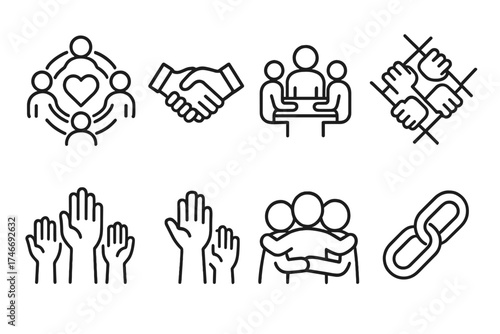 Community Connection Icons. Community support outline set. circle of people, shared heart, handshake, team meeting, unity symbol, raised hands, group hug, supportive link.