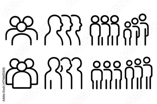 Silhouette Queue Icons. Queue outline icons. row of heads, side silhouettes, people in line, organized queue, line of figures, grouped humans, minimal crowd, standing sequence.
