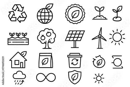 Eco Symbols Collection. Eco visuals outline set. recycling arrows, globe with leaf, eco badge, sprouting seed, garden bed, orchard tree, solar panel, wind turbine, eco house, seed