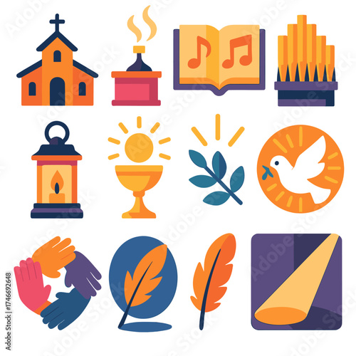 Sacred Choir Icons. Sacred choir flat icon set. church, altar, incense, hymn book, organ, lantern, chalice, rays, dove with branch, circle of hands, feather, light beam.