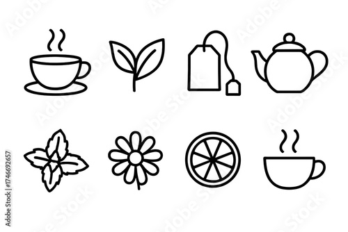 Herbal Tea Icons. Herbal tea outline set. steaming cup, tea leaves, tea bag, teapot, mint sprig, chamomile flower, lemon slice, tea cup with steam.