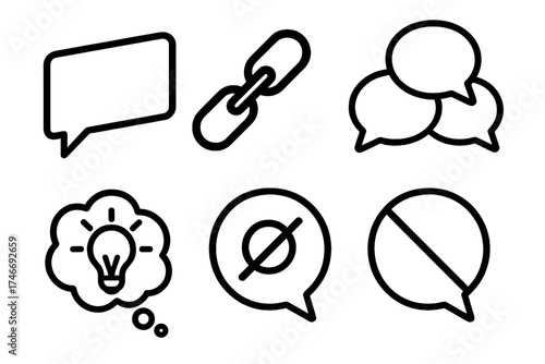 Creative Speech Bubbles. Talk bubble outline set. angled speech box, gradient bubble, connected chain, group chat bubble, idea spark bubble, muted bubble