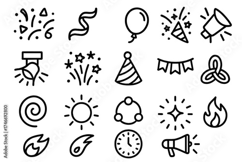 Celebratory Elements Collection. Promotion extras outline set. confetti, streamer, balloon, festive horn, spotlight, fireworks, party hat, banner, festive swirl, glowing badge