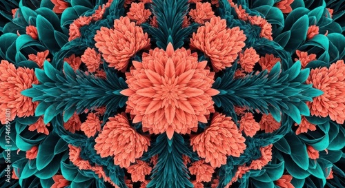 Teal/peach kaleidoscopic floral pattern, symmetrical and intricate detail