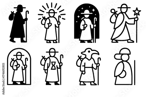 Symbolic Pilgrim Icons. Symbolic pilgrims outline set. silhouetted pilgrim, radiant pilgrim, cosmic pilgrim, guiding pilgrim, guardian pilgrim, timeless pilgrim, mythic pilgrim