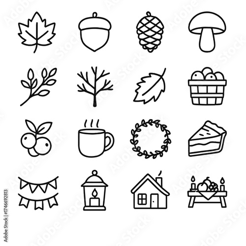 Autumn Icons Collection. Seasonal outline icons. leaf, acorn, pinecone, mushroom, branch, bare tree, falling leaf, apple basket, cranberry, cider mug, wreath, pie slice, autumn