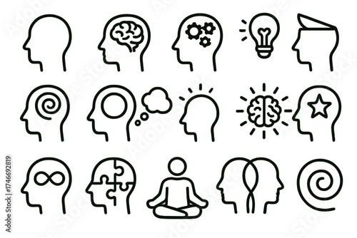 Mind Icons Collection. Mind outline icons. human head outline, brain icon, head with gears, head with light bulb, open top head, spiral in head, thought bubble, radiant brain