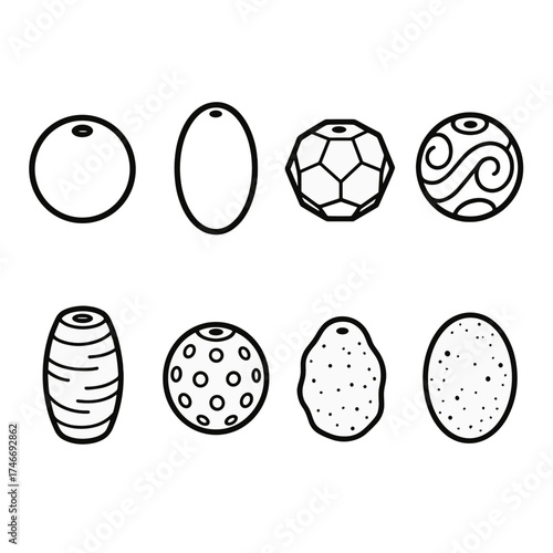 Diverse Bead Icons. Classic beads outline set. round beads, oval beads, faceted beads, carved beads, wooden beads, glass beads, clay beads, stone beads.