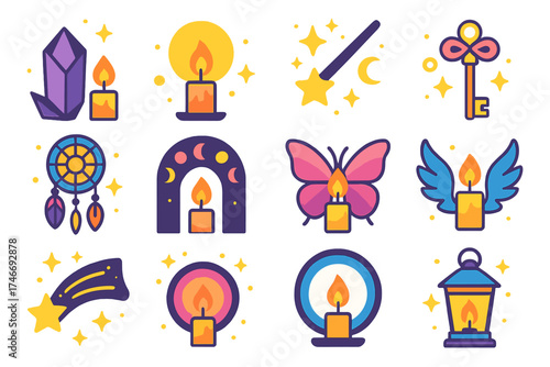 Magical Icons Collection. Magical candlelight flat icon set. crystal, wand, glowing orb, key, dreamcatcher, moon phases, portal, star trail, butterfly, wings, aura circle, lantern.