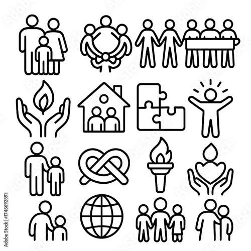 Unity in Diversity. Support visuals outline set. family figures, group circle, people holding hands, teamwork banner, banner of hope, shared flame, community house, puzzle pieces