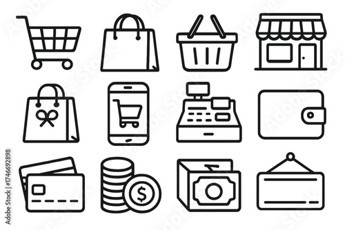 Shopping Icons Black Outline. Shopping visuals outline set. shopping cart, shopping bag, basket, storefront, boutique bag, online cart, cash register, wallet, credit card, coin