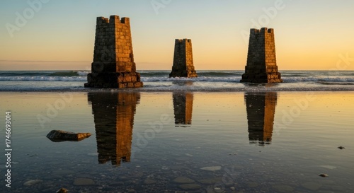 Three old stone pillars stand in the ocean, reflecting on the wet sand at sunset