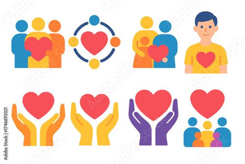 Community Heart Icons. Community hearts flat icon set. group holding heart, heart in unity circle, family with heart, volunteer with heart, shared heart, heart in open palms