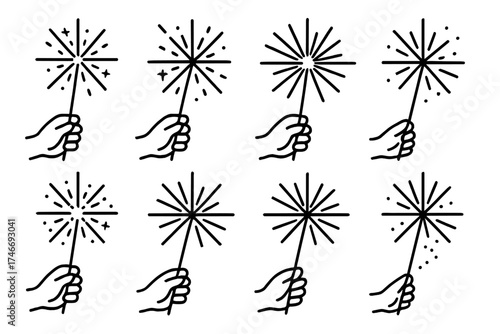 Festive Sparkle Icons. Celebration sparkler outline set. sparkler in hand, glowing sparks, radiant glow, twinkling stick, bright firework, shining starburst, festive spark, spark