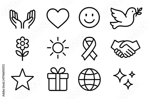 Symbolic Kindness Icons. Kind gesture outline set. open hands, heart, smile, dove, flower, sun, ribbon, handshake, star, gift box, globe, sparkles.