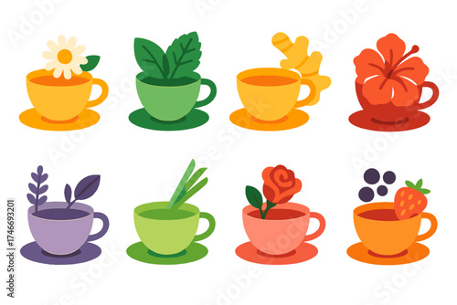 Vibrant Herbal Tea Icons. Herbal teas flat icon set. chamomile tea, mint tea, ginger tea, hibiscus tea, lavender tea, lemongrass tea, rose tea, fruit infusion tea.