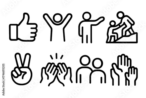 Encouragement Icon Set. Encouragement outline icons. thumbs up, cheering figure, mentor guiding, lifting each other up, victory gesture, clapping hands, supportive nod, raised