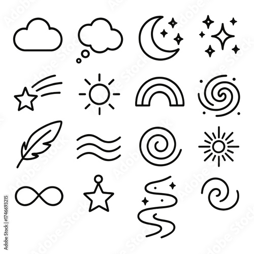 Dream Symbols Collection. Dream symbols outline set. cloud, dream bubble, crescent moon, starry sky, shooting star, glowing orb, rainbow arc, cosmic swirl, feather, soft wave