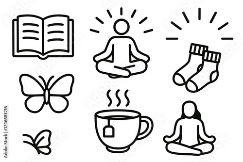 Self Care Essentials. Self care outline set. journaling book, meditating figure, cozy socks, soothing tea, butterfly, radiant glow